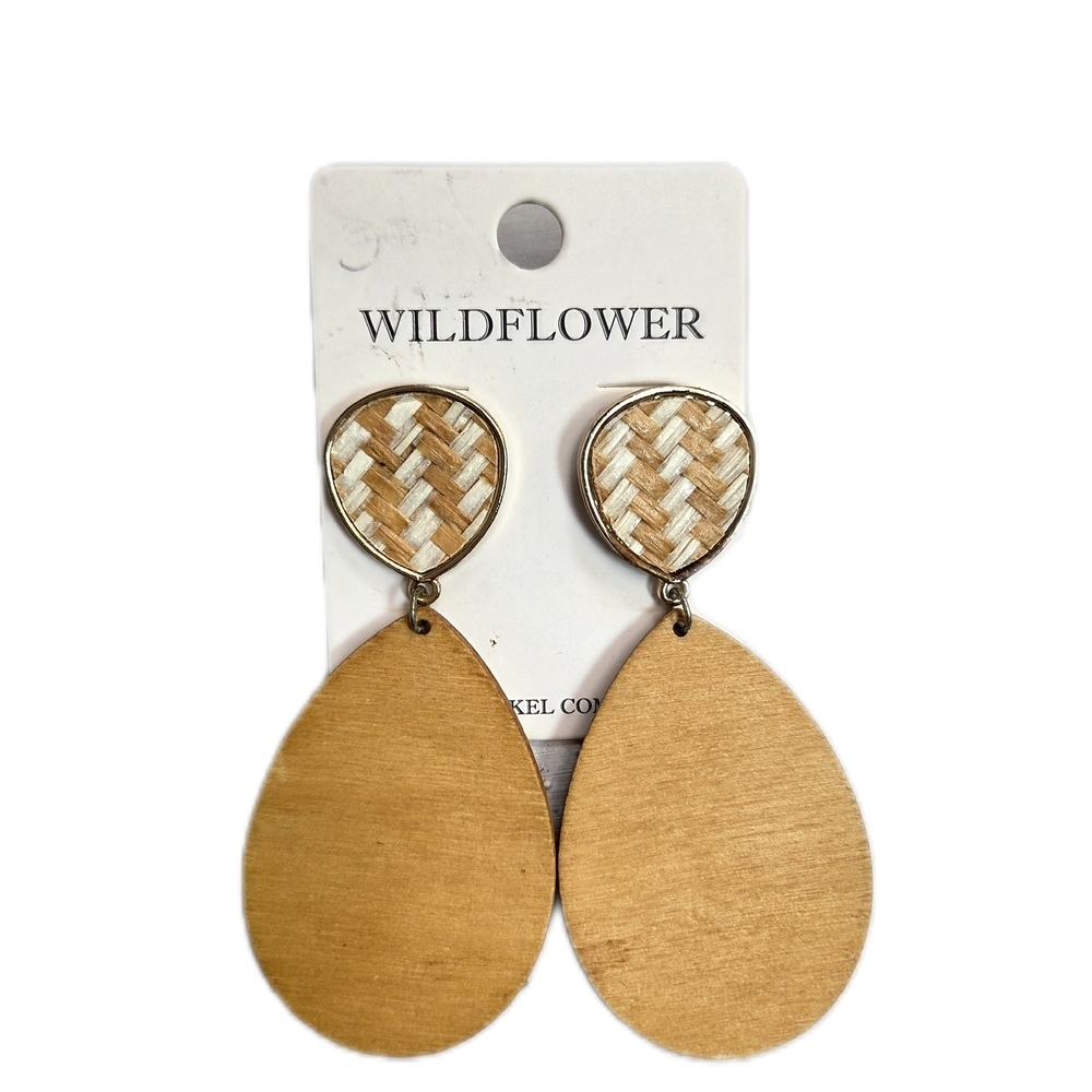 Wildflowers Boho Tan Woven & Wood Teardrop Earrings